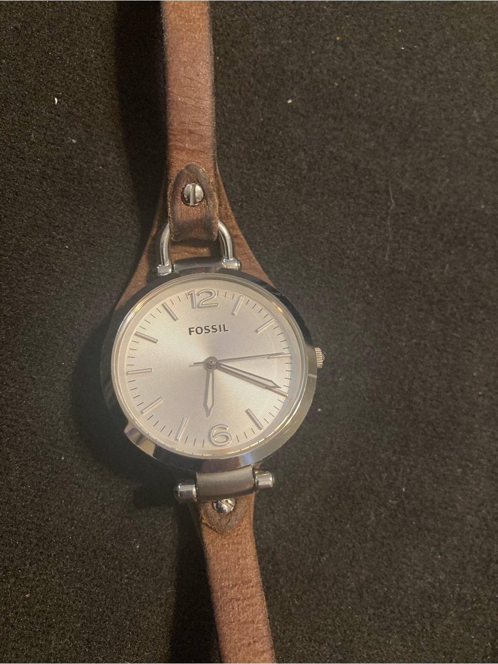 Fossil Silver Dial With Brown Leather Strap Watch